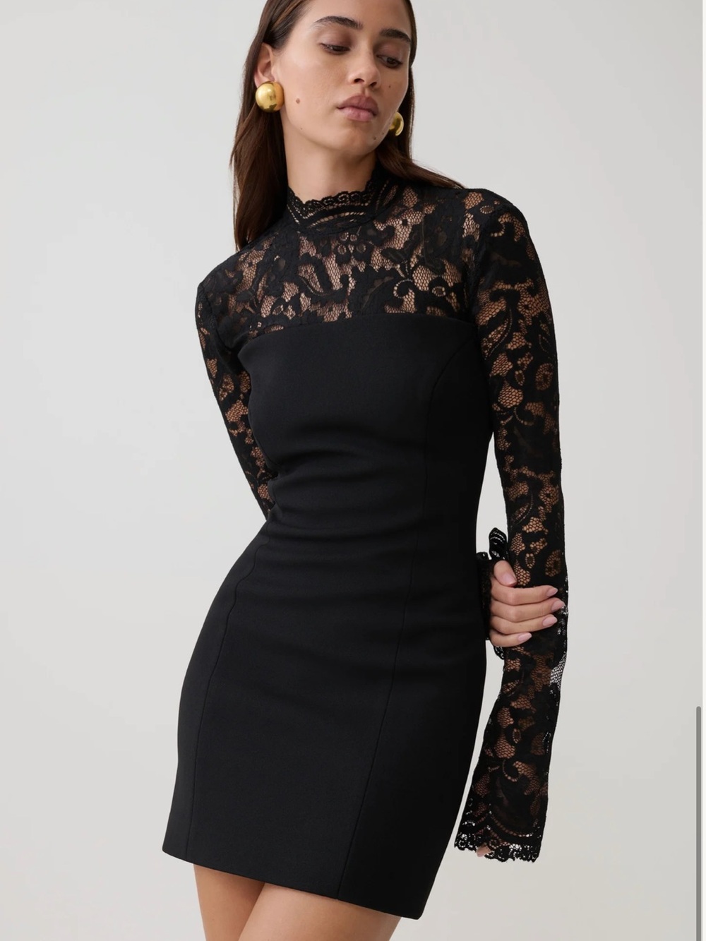 Meshki  Aurelie Lace High-Neck Long Sleeve Mini Dress